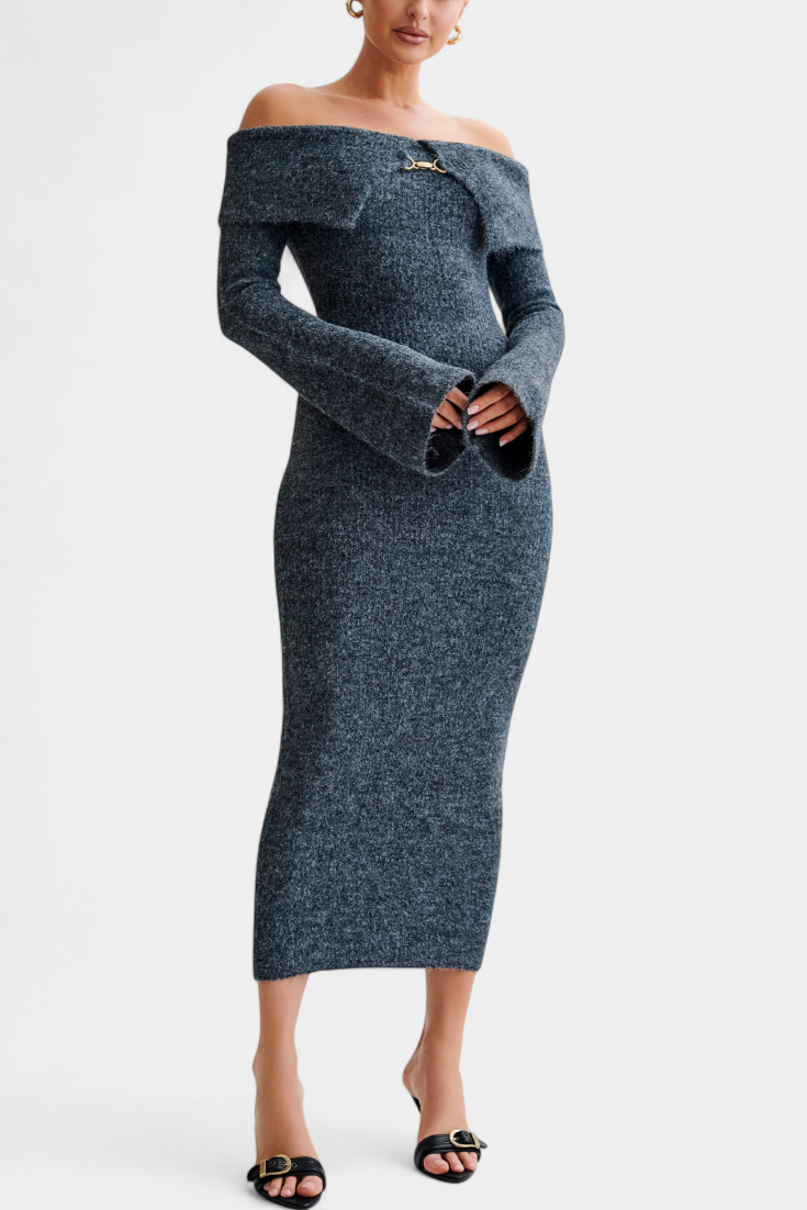 Solsona Robe en Tricot à Une Épaule et Manches Longues