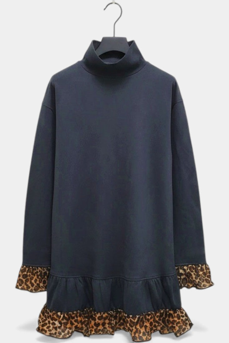 Vénitia Robe Mini en Daim à Col Roulé Asymétrique & Détails Léopard