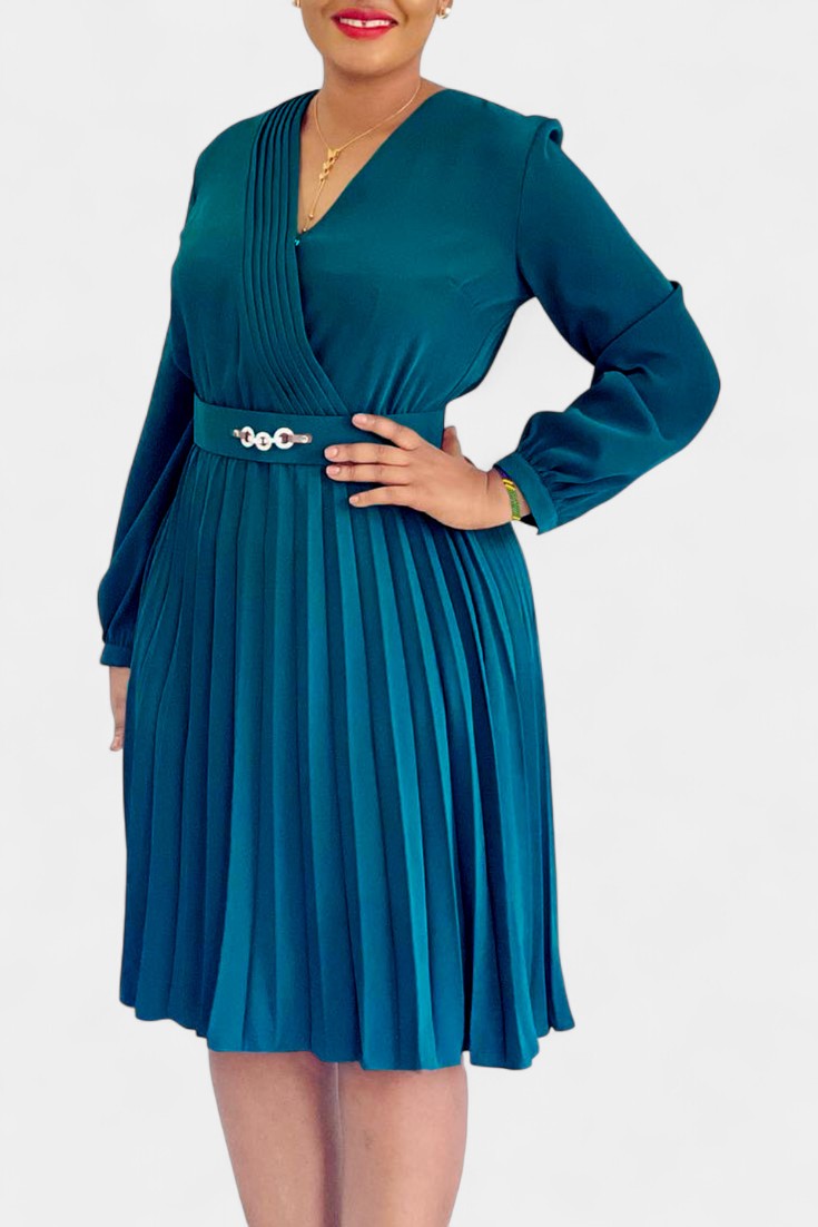 Lucie Robe Midi Plissée à Manches Longues et Ceinture