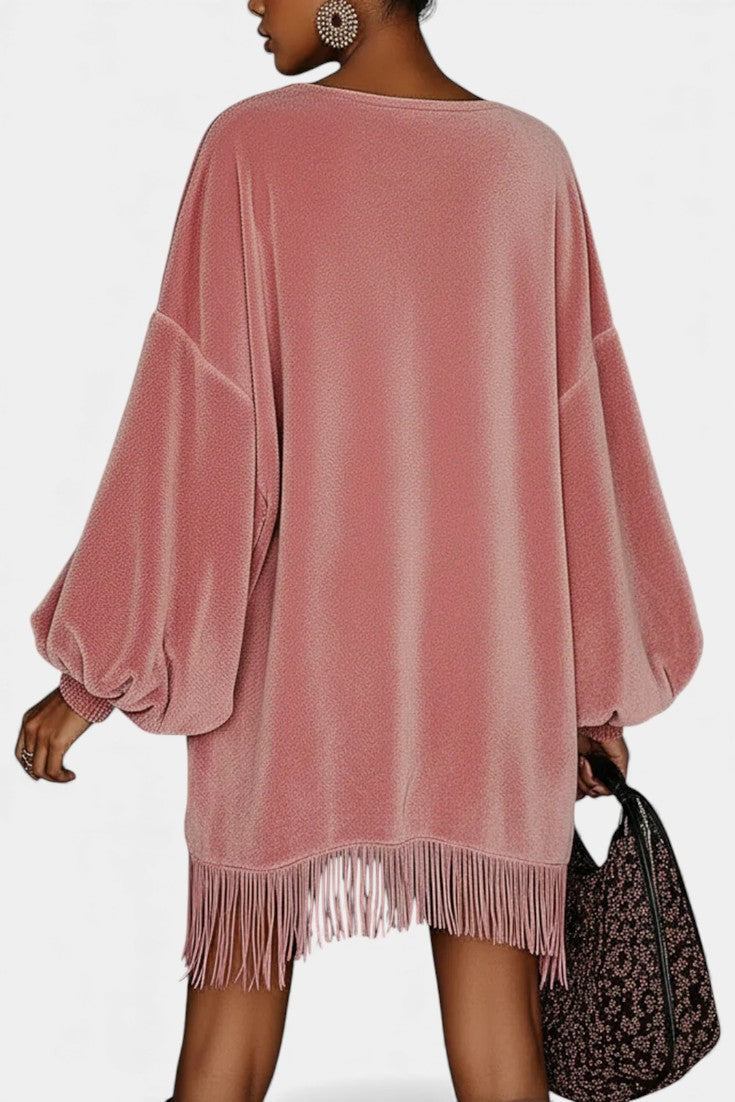 Danaë Robe Oversize en Velours Rose à Franges et Col Rond