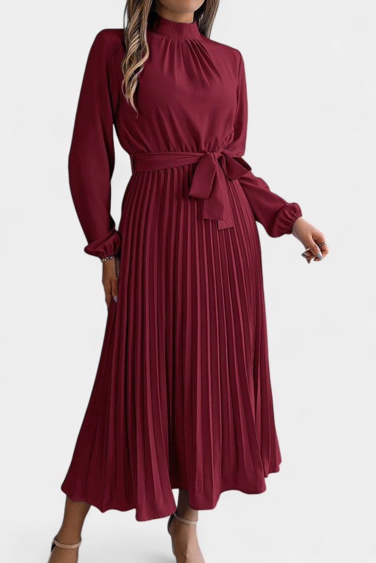 Morgane Robe Plissée à Col Montant Froncé et Taille Nouée