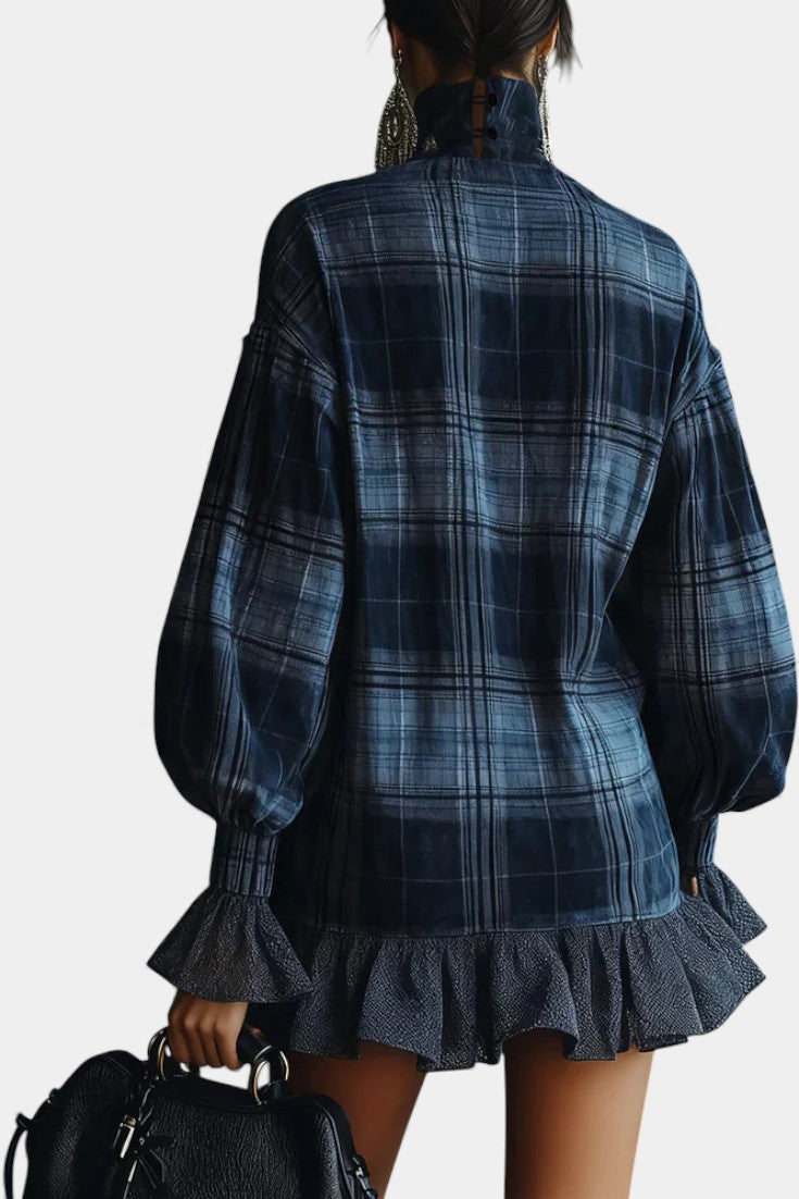 Alvetina Robe Mini à Col Montant en Maille à Carreaux Bleus