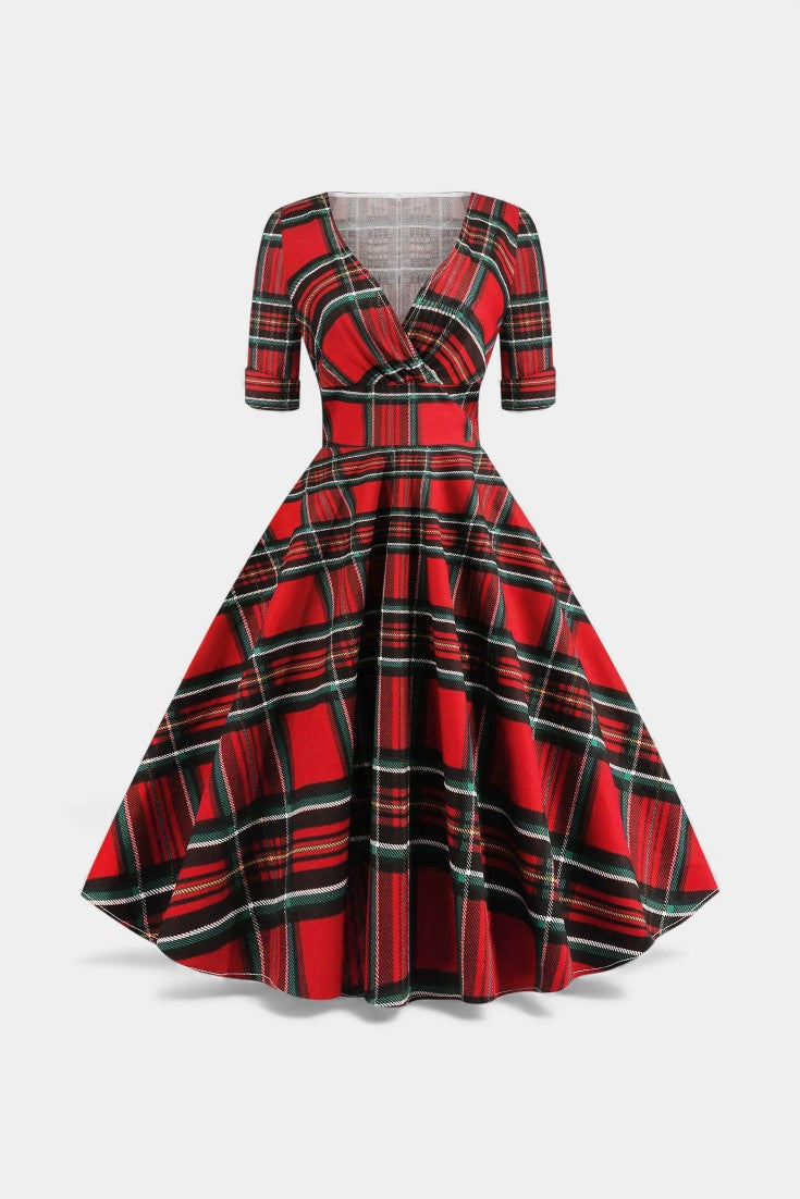 Véra Robe Midi Évasée à Imprimé Plaid et Décolleté V Festif