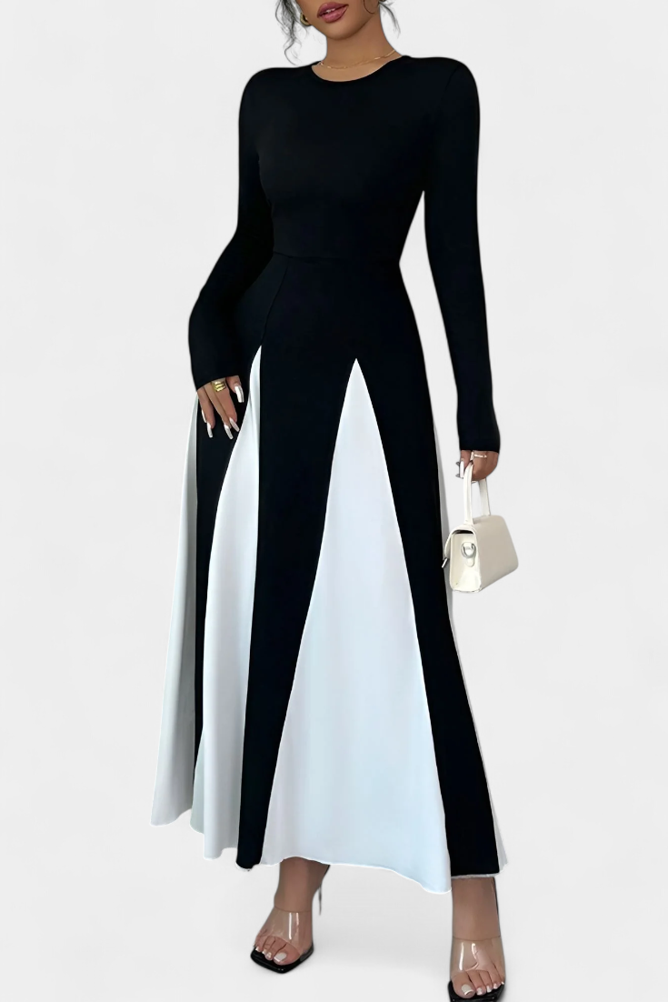 Veronique Robe Maxi Bicolore à Col Rond et Manches Longues