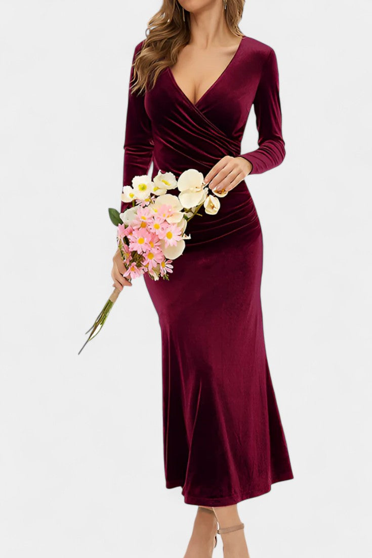 Hespérie Robe Longue en Velours à Fronces Asymétriques et Ourlet Sirène