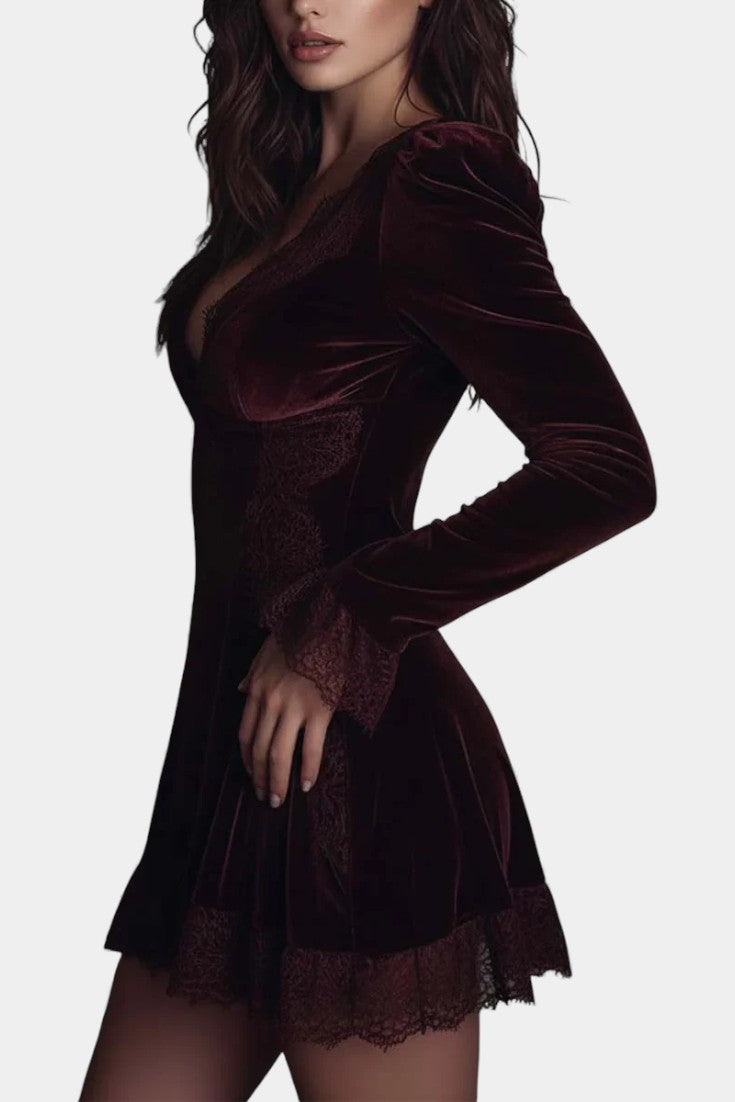 Aymeline Robe Mini en Velours Bordeaux avec Détails en Dentelle