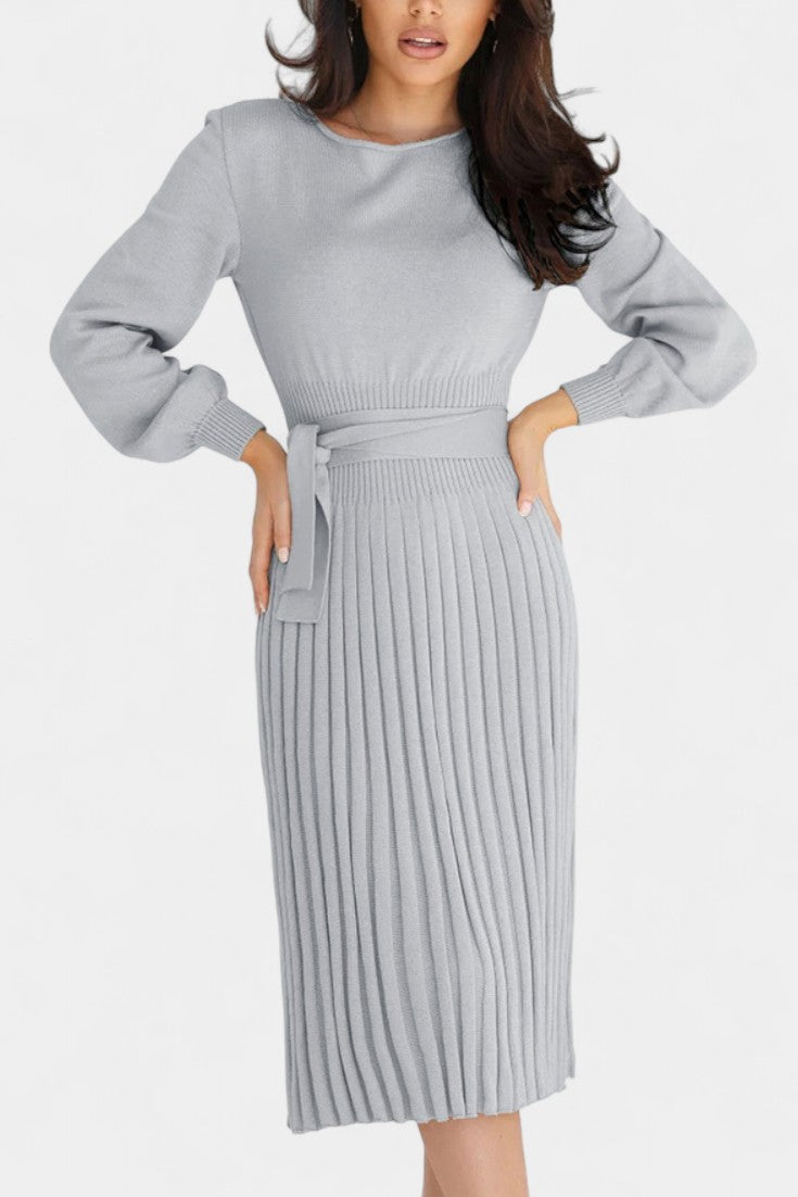 Chloéria Robe Pull Midi Plissée à Ceinture et Maille Côtelée