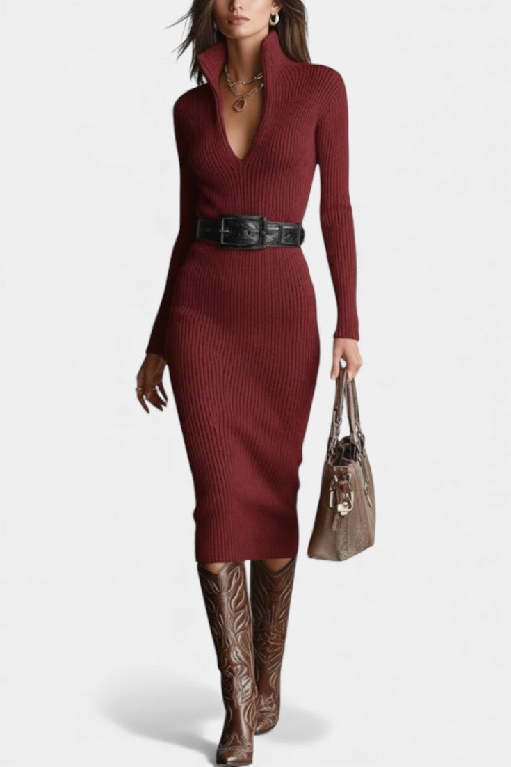 Susana Robe Midi Tricotée Ajustée à Col Demi-Roulé et Décolleté en V sans Ceinture