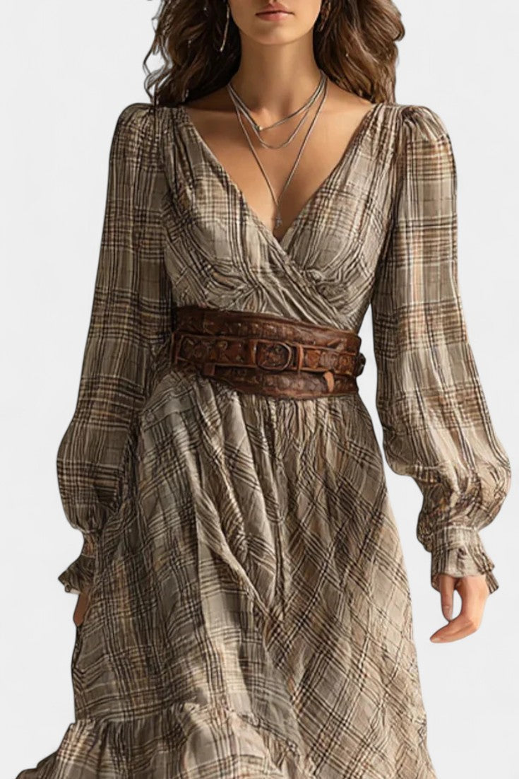 Thandie Robe Bohème en Chiffon à Carreaux et Détails Volantés