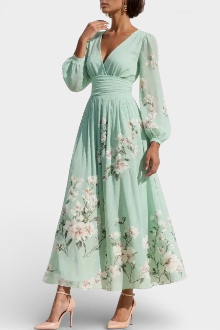 Shriley Robe Midi Plissée Florale en Chiffon Vert Clair à Col V