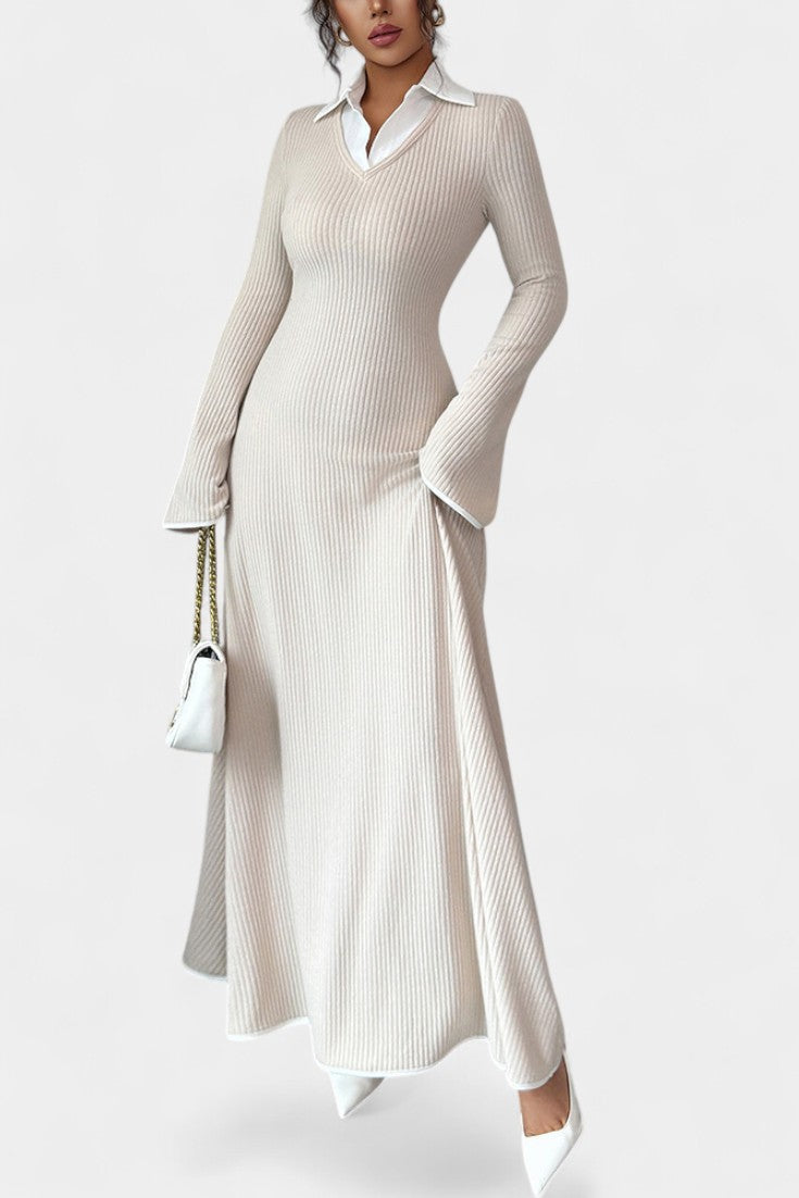Élodiane Robe Pull Maxi Bicolore à Col Chemise