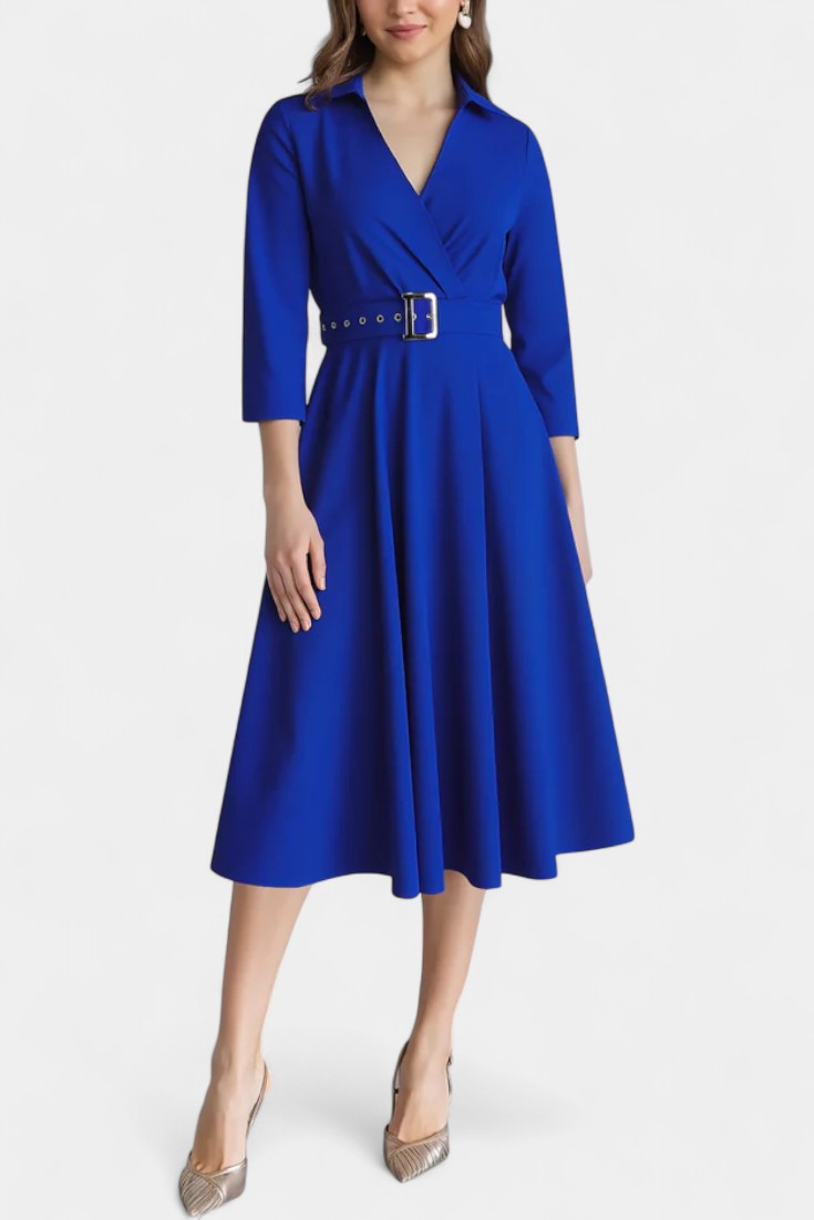 Constance Robe Midi Unie à Col Tailleur et Manches 3/4 Ceinturée