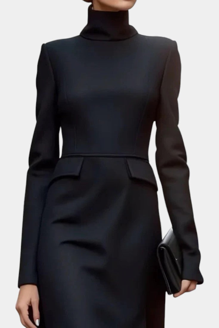 Géralda Robe Midi Ajustée à Manches Longues et Col Montant