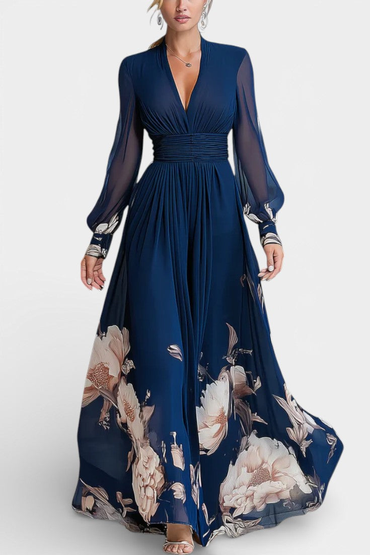 Ally Robe Longue Plissée Fleurie à Décolleté en V et Manches en Tulle