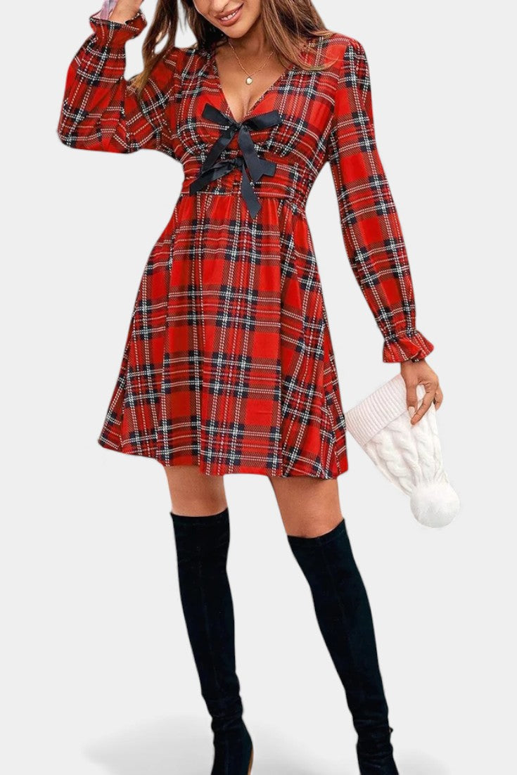 Suzel Robe Mini Évasée à Nœud Plaid et Décolleté V Festif
