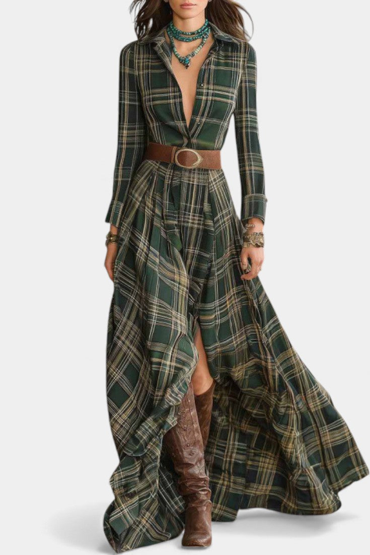 Alyona Robe Maxi Western Chic à Carreaux Vert Profond