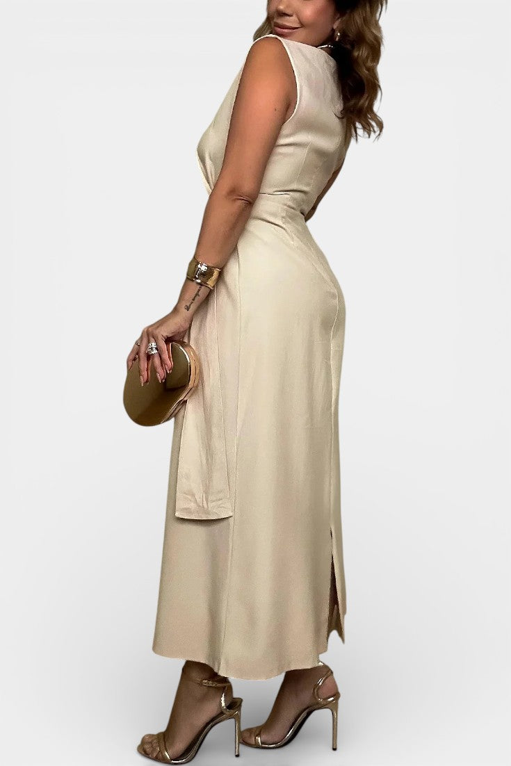 Cahla Robe Midi Sans Manches à Col Haut et Nœud Drapé