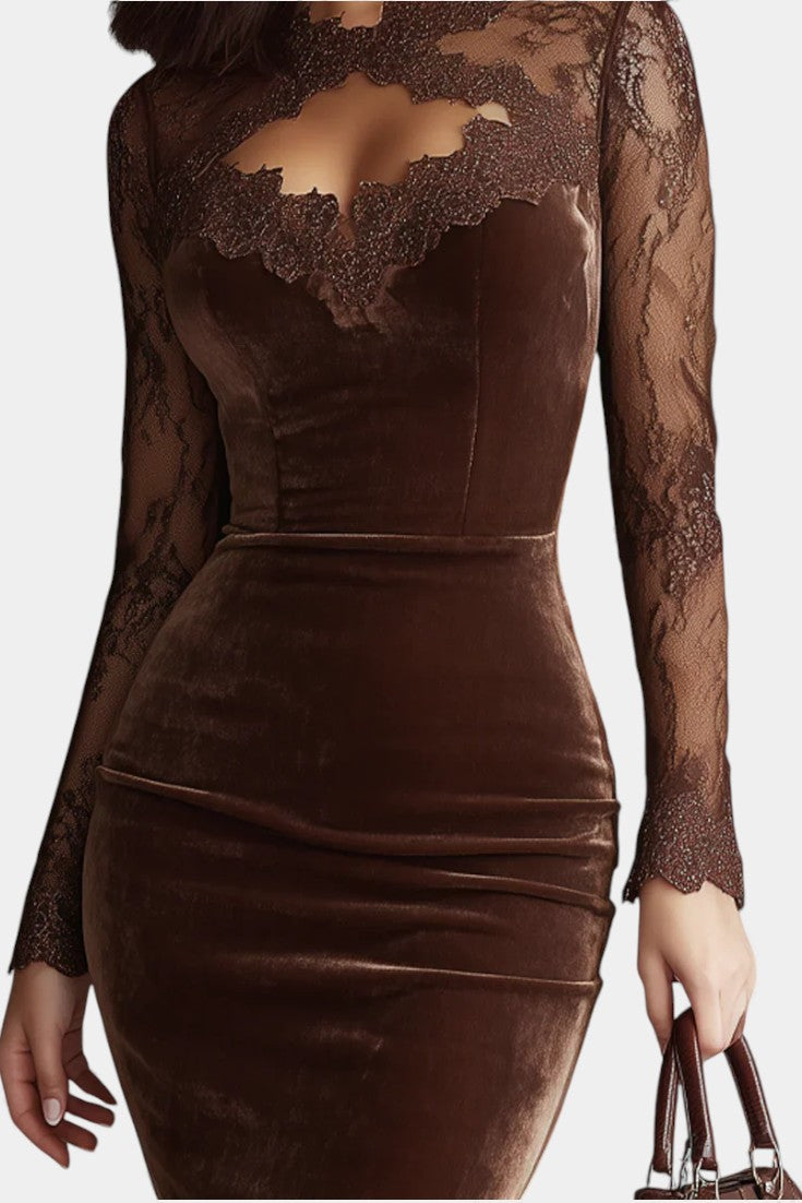 Chantaline Robe Mini avec Encolure Trou de Clé et Manches en Dentelle