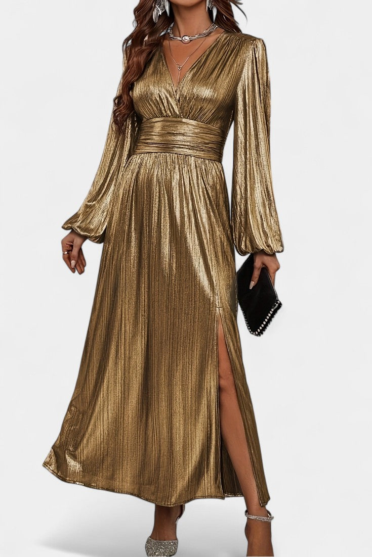 Faelyn Robe Plissée Brillante à Décolleté en V et Silhouette Fluide