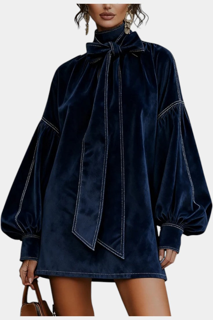 Toamela Robe Mini en Velours Bleu Foncé à Manches Lanternes