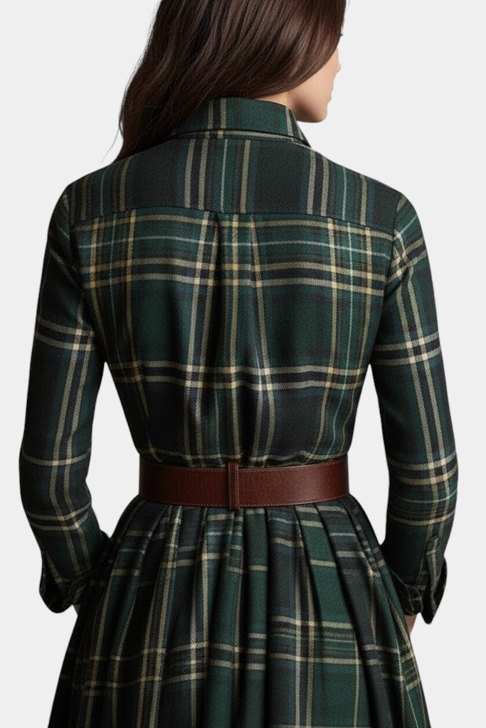 Eustelle Robe Maxi à Carreaux Vert avec Col