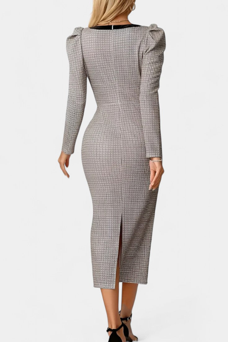 Nevena Robe Midi Cintrée à Carreaux avec Manches Bouffantes et Nœud Décoratif