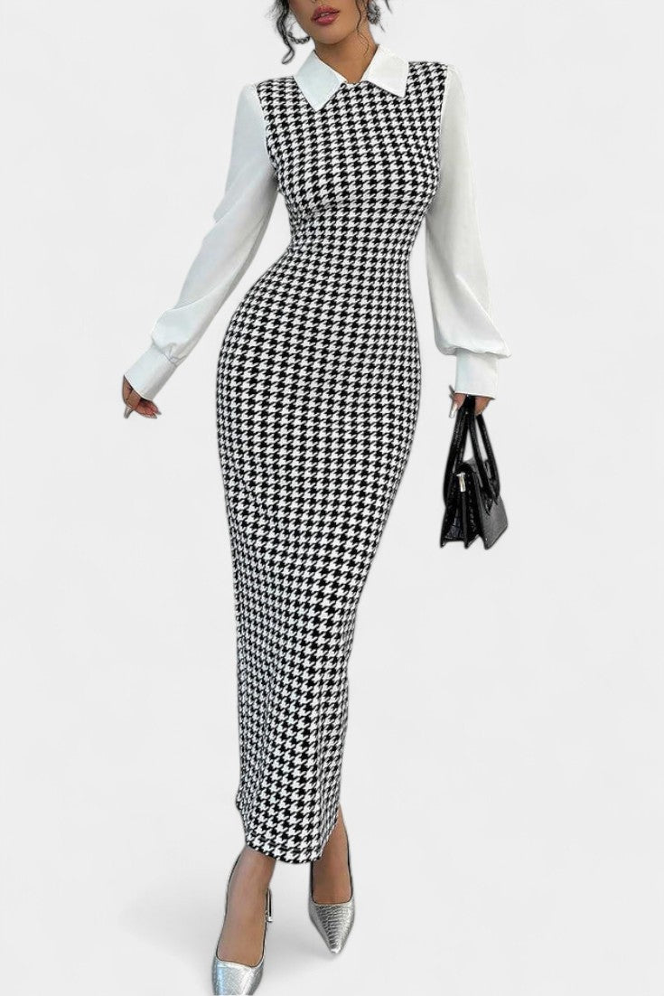 Claire Robe Maxi Patchwork à Imprimé Pied-de-Poule et Manches Bouffantes