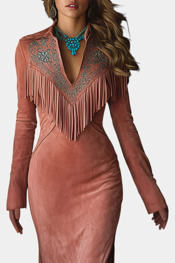 Ambre Robe Maxi en Suède Synthétique Rose Brodée avec Franges Western