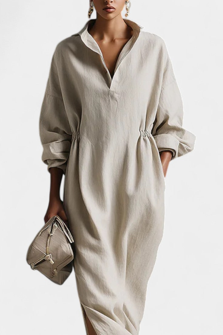 Adisa Robe Longue Fluide en Lin Écru à Col Chemise
