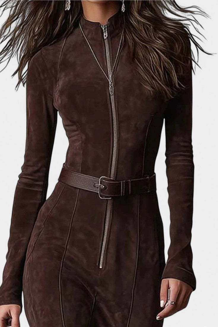 Perrine Robe Maxi Vintage Marron avec Fermeture Éclair et Ceinture