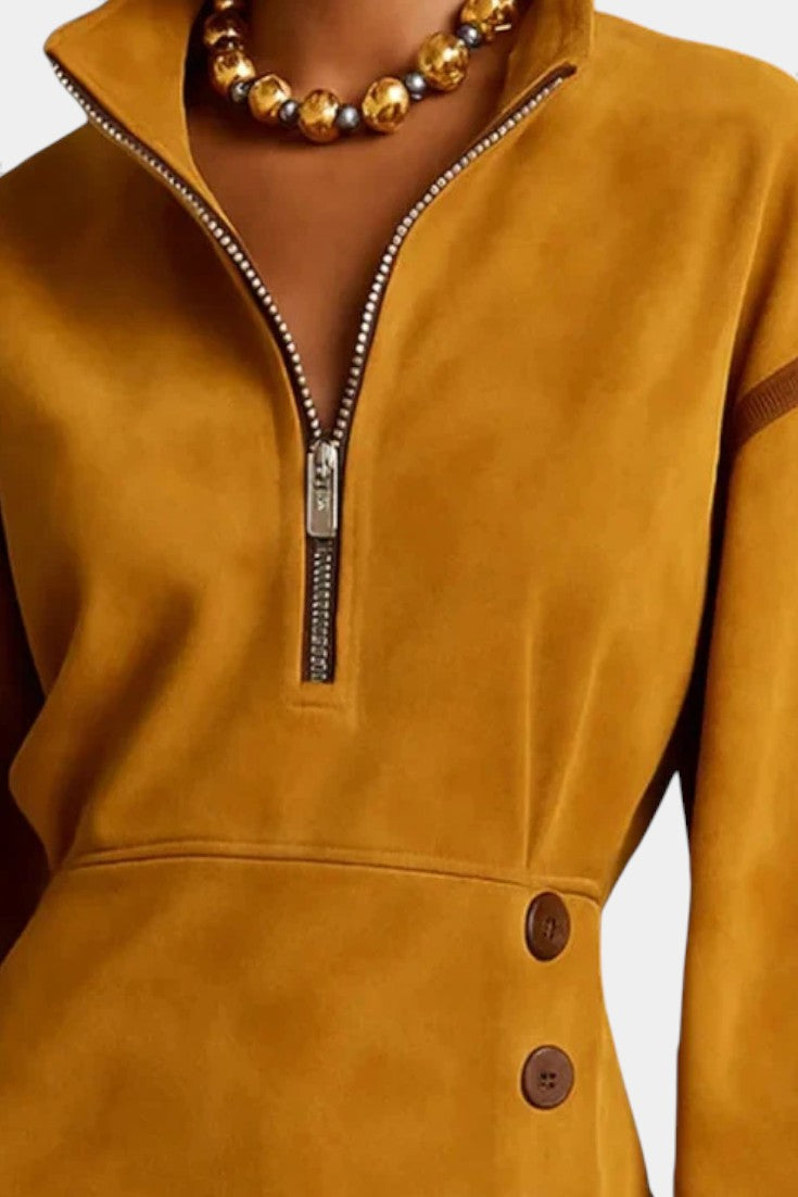 Roselinea Robe Mini en Suédine Gingembre à Col Montant Demi-Zip