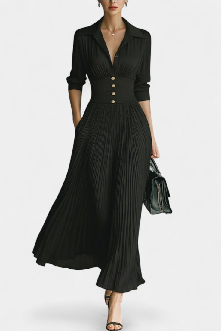 Fébronie Robe Longue Plissée à Col à Revers et Manches Longues