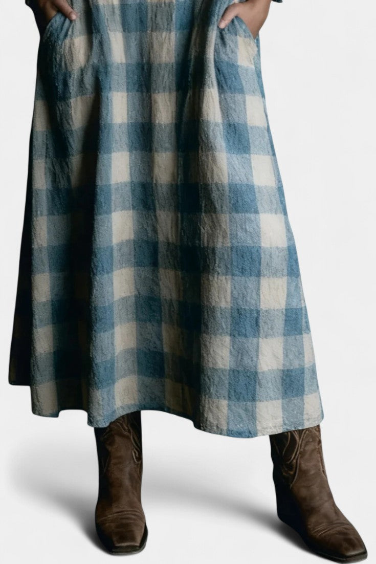 Pacifia Robe Maxi à Carreaux Bleus et Blancs avec Col Chemise