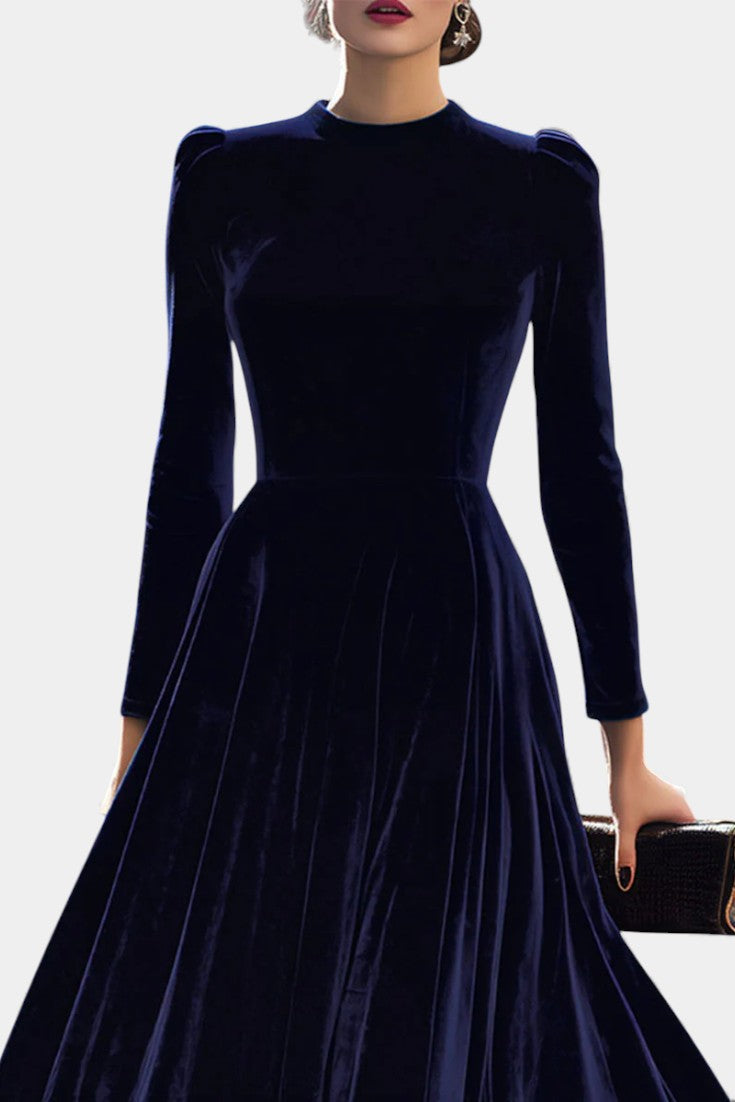 Zéliane Robe Midi en Velours Bleu Marine Luxueux