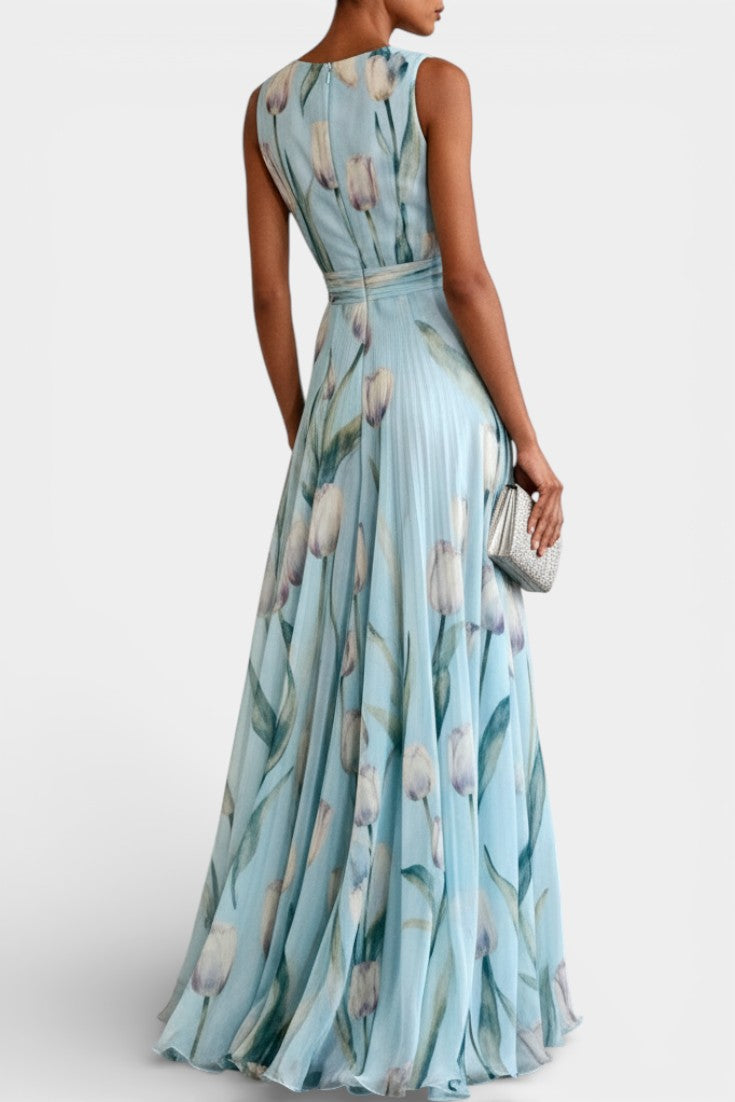 Philippa Robe Longue en Chiffon Fleuri à Décolleté en V