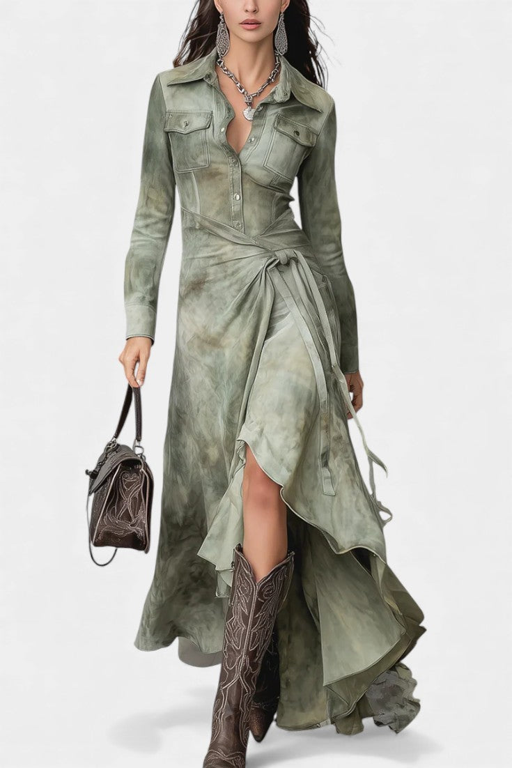 Sigrid Robe Maxi Slim en Suédine Tie-Dye Vert Sauge