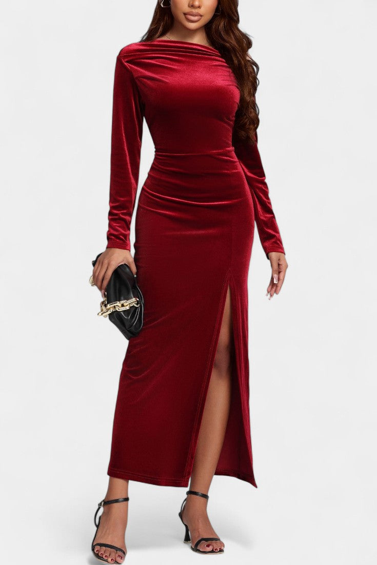 Aimée Robe Maxi Près du Corps en Velours à Fente Haute