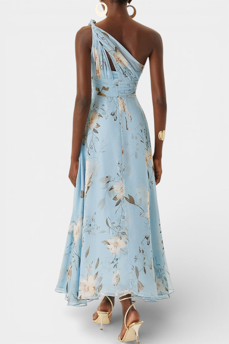 Lenay Robe Longue en Chiffon Plissé Fleuri Bleu Clair à Une Épaule