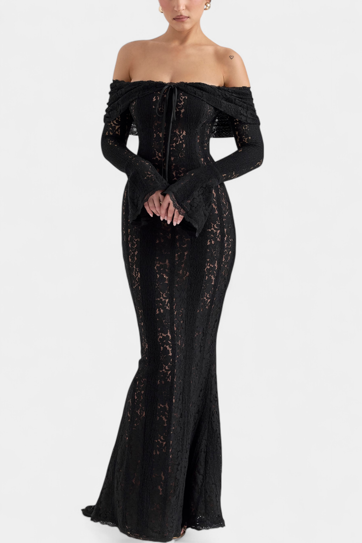 Rosalie Robe Taille Haute en Dentelle Off-Shoulder et Manches Évasées