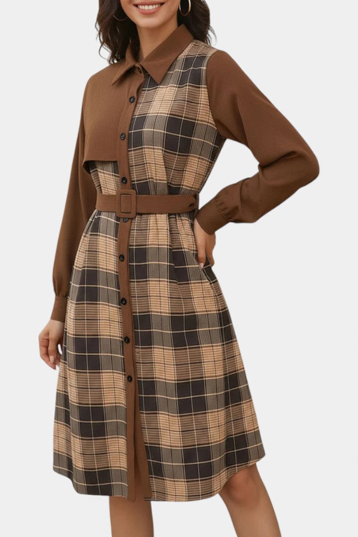 Naïla Robe Chemise Mi-Longue à Carreaux Patchwork Ceinturée