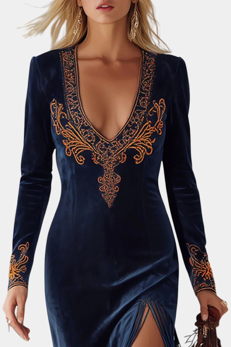 Raymonde Robe Longue avec Fente et Franges Brodées Ethniques