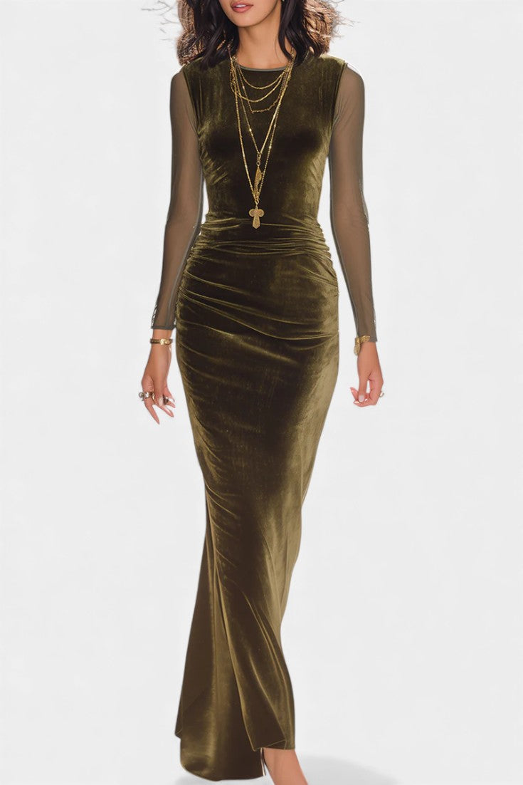 Rusina Robe Longue Olive à Manches Transparentes
