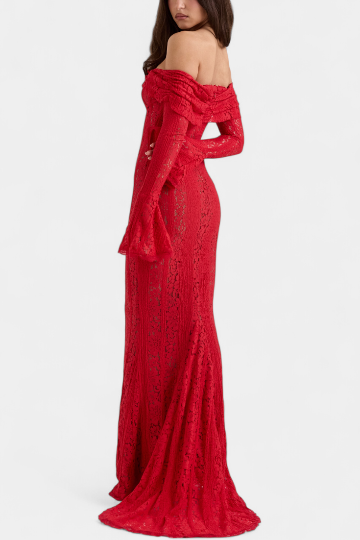 Rosalie Robe Taille Haute en Dentelle Off-Shoulder et Manches Évasées
