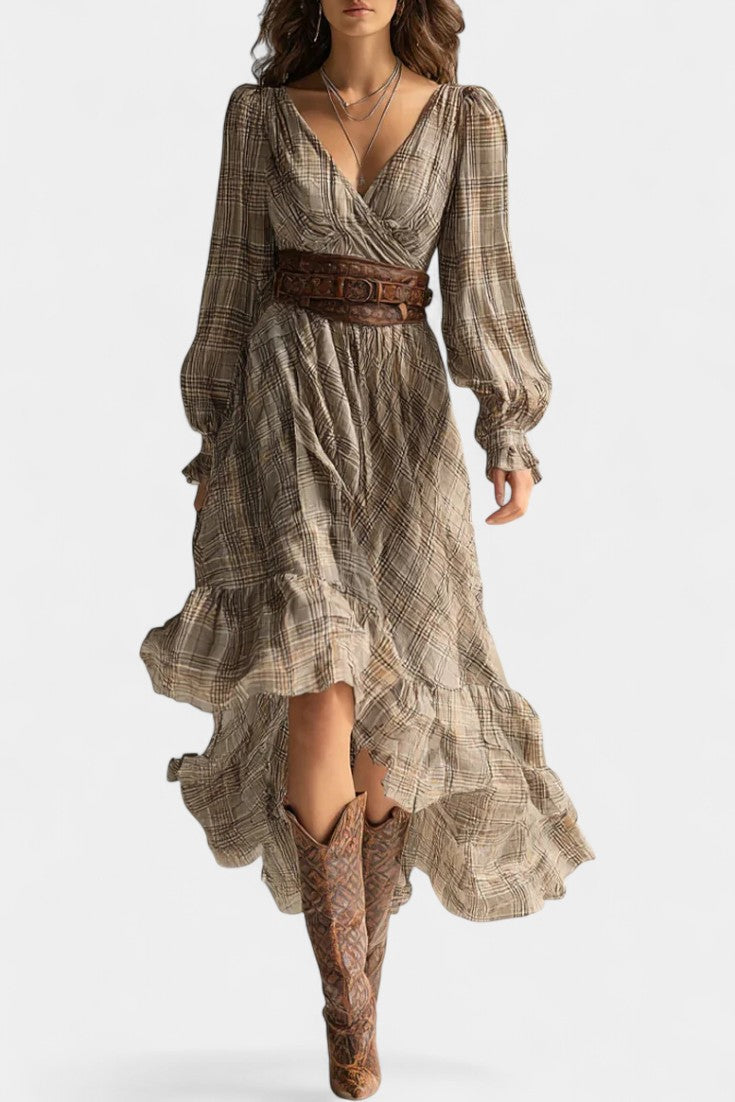 Thandie Robe Bohème en Chiffon à Carreaux et Détails Volantés