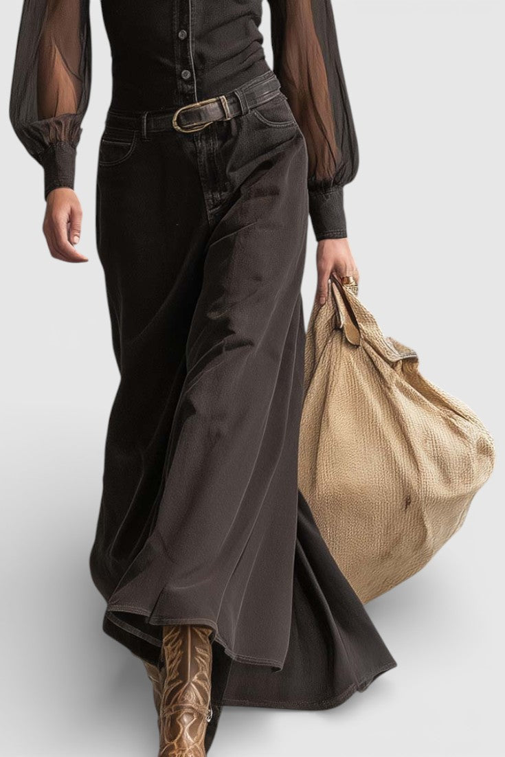 Placidia Robe Longue en Denim Noir à Boutons