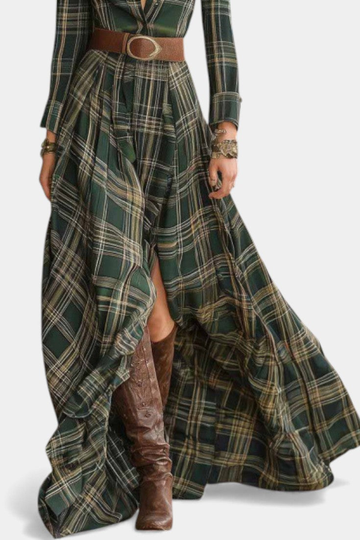 Alyona Robe Maxi Western Chic à Carreaux Vert Profond