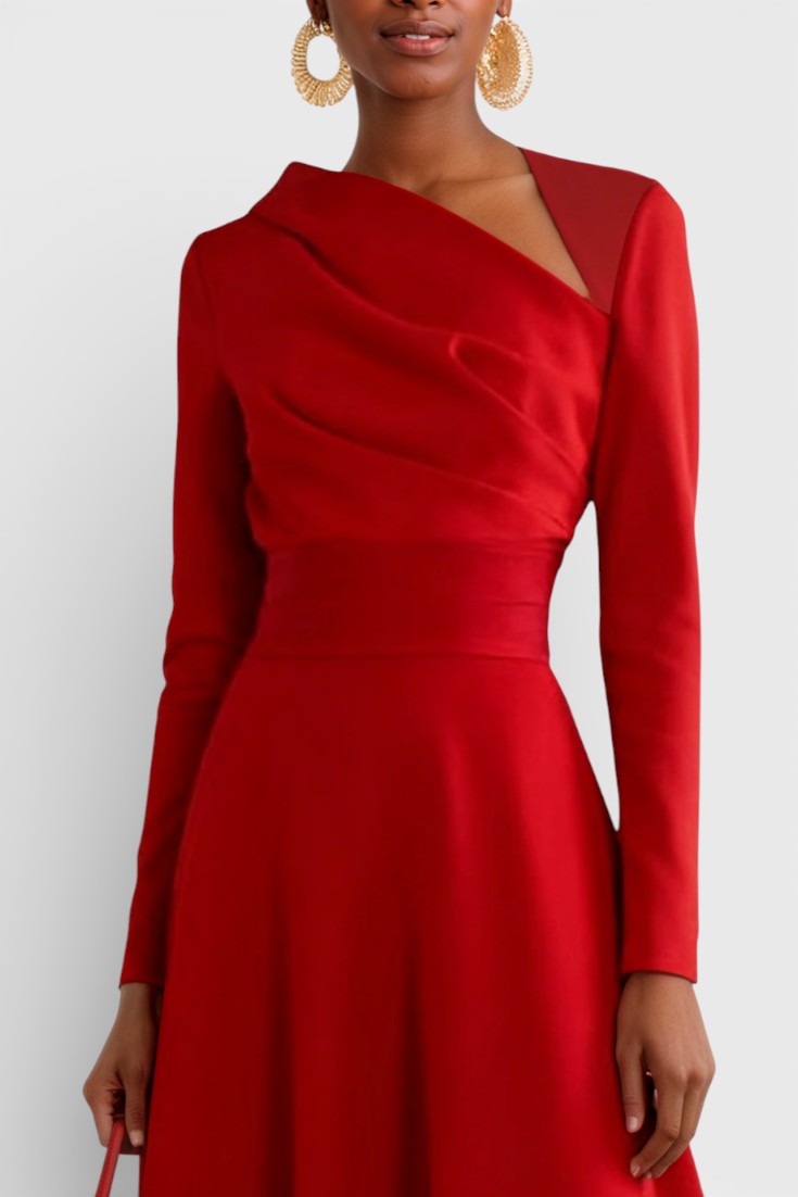Wanda Robe Midi Asymétrique à Manches Longues et Coupe Trapèze