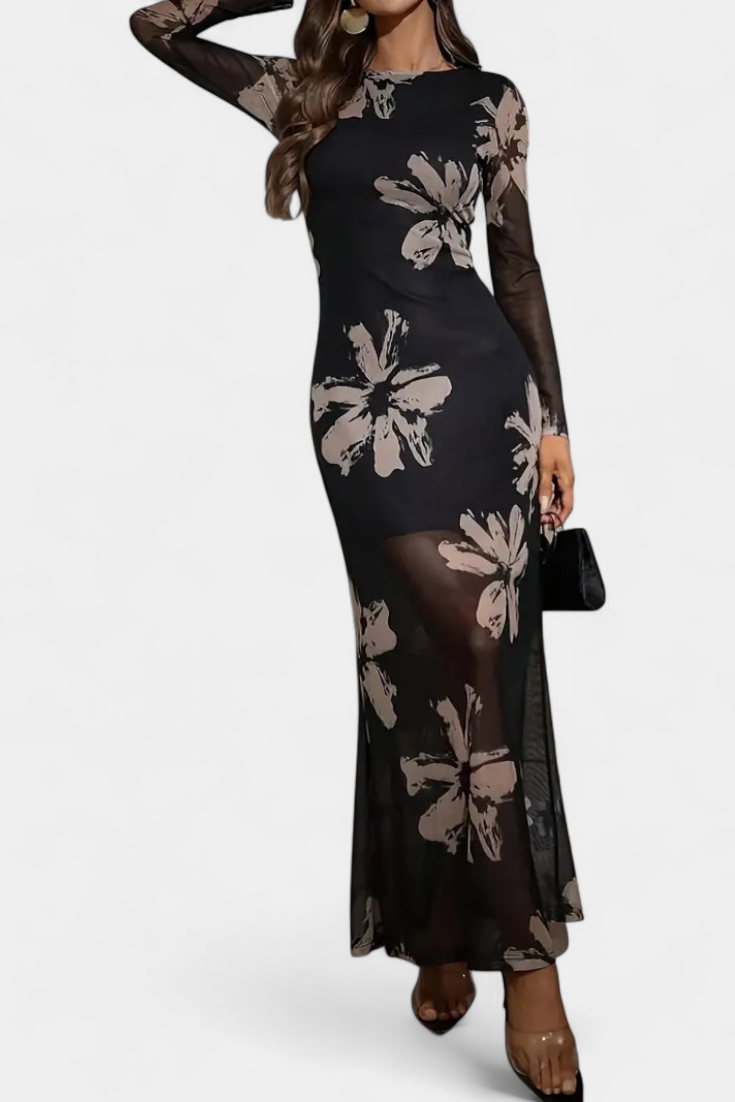 Aldona Robe Longue à Imprimé Floral et Froncé en Tulle
