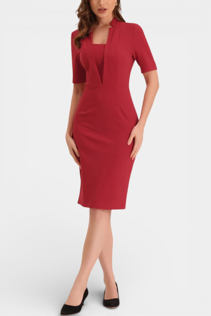Carminia Robe Crayon Ajustée à Décolleté en V et Manches Courtes