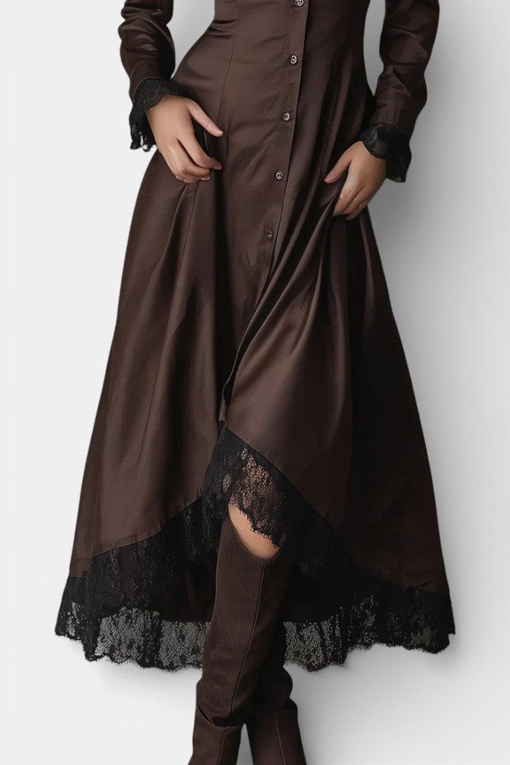 Liesel Robe Midi Évasée Chocolat à Panneaux de Dentelle